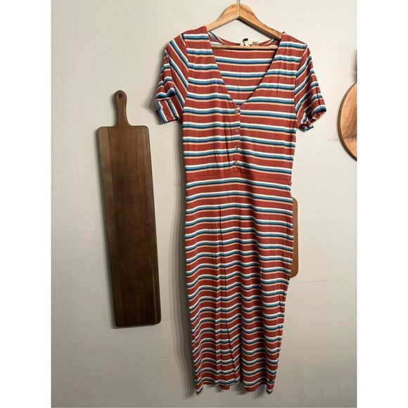 Roxy Multicolor Striped Knit Short Sleeve Bring It On Buttoned Shirt Dress Large - Picture 1 of 5
